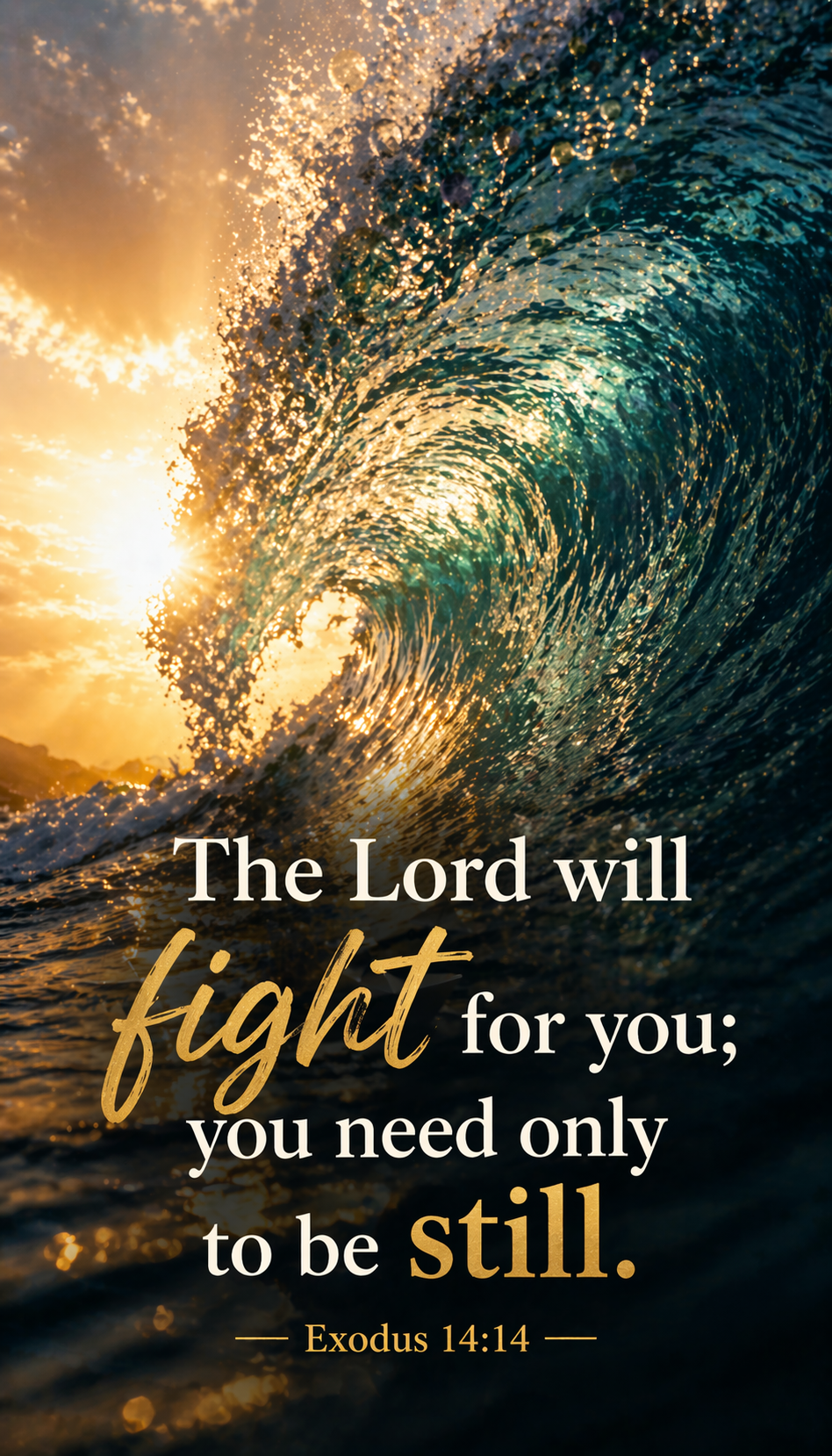 Exodus 14:14 Bible verse phone wallpaper - The Lord will fight for you - powerful curling ocean wave with golden sunset light shining through